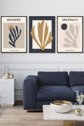 ARTZE Set of 3 Black Framed Matisse Style Floral Cut Out Navy & Yellow Wall Art - Size: W45 cm x H62 cm x D20mm - thumbnail 1