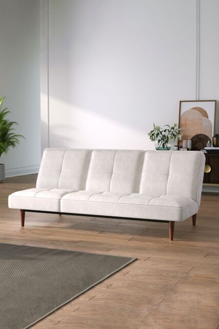 Living and Home 3 Seater Upholstered Sofa Bed with Wood Legs in White - image 1