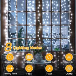 NIVOR Curtain Lights Indoor Outdoor, 300LED 3mx3m Fairy Lights 8 Modes 6500K in White - thumbnail 4