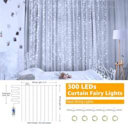 NIVOR Curtain Lights Indoor Outdoor, 300LED 3mx3m Fairy Lights 8 Modes 6500K in White - thumbnail 2