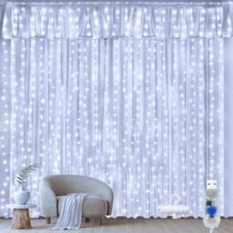 NIVOR Curtain Lights Indoor Outdoor, 300LED 3mx3m Fairy Lights 8 Modes 6500K in White - thumbnail 1