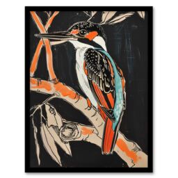 "Artery8 Modernist Kingfisher Bird on Branch Black Orange Framed Art Print - Size: W12"" x H16""" - thumbnail 1