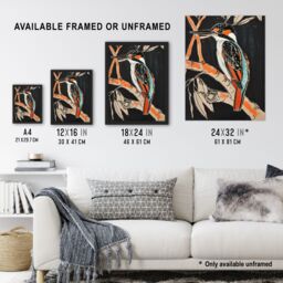 "Artery8 Modernist Kingfisher Bird on Branch Black Orange Framed Art Print - Size: W12"" x H16""" - thumbnail 3