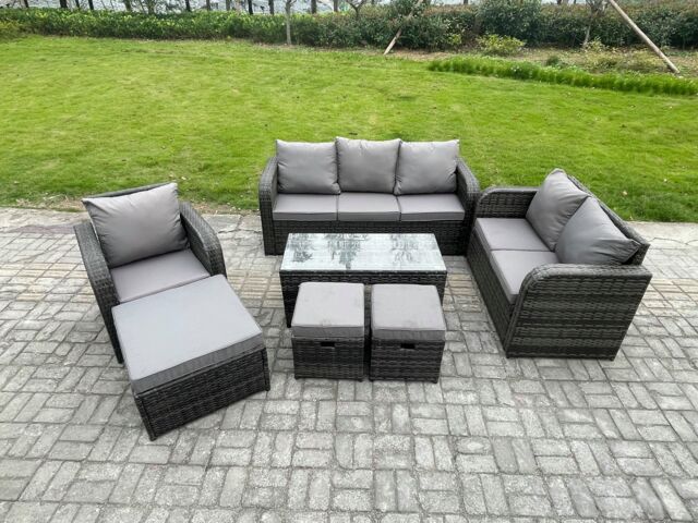 Fimous 9 Seater High Back Rattan Garden Furniture Set with Loveseat Sofa Rectangular Coffee Table 3 Footstools Indoor Outdoor Patio Lounge Sofa Set - image 1