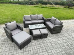 Fimous 9 Seater High Back Rattan Garden Furniture Set with Loveseat Sofa Rectangular Coffee Table 3 Footstools Indoor Outdoor Patio Lounge Sofa Set - thumbnail 2