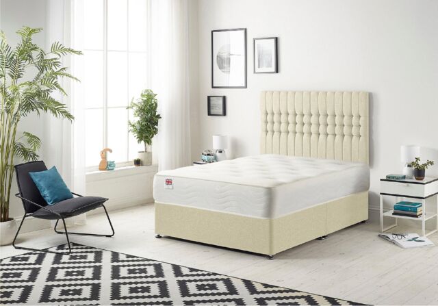 Somnior Galaxy Sprung Memory Foam Divan Bed with Headboard In Linen Fabric in Cream - Size: Small Single - image 1