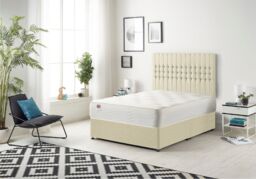 Somnior Galaxy Sprung Memory Foam Divan Bed with Headboard In Linen Fabric in Cream - Size: Small Single