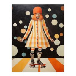 "Wee Blue Coo Wall Art Print Surreal Skater in Retro Skate Park Orange Black White Oil Painting Poster - Size: W18"" x H24""" - thumbnail 1