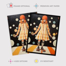 "Wee Blue Coo Wall Art Print Surreal Skater in Retro Skate Park Orange Black White Oil Painting Poster - Size: W18"" x H24""" - thumbnail 2