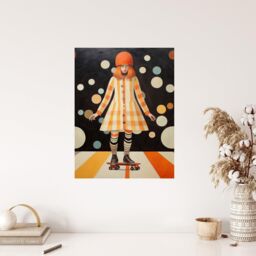 "Wee Blue Coo Wall Art Print Surreal Skater in Retro Skate Park Orange Black White Oil Painting Poster - Size: W18"" x H24""" - thumbnail 4