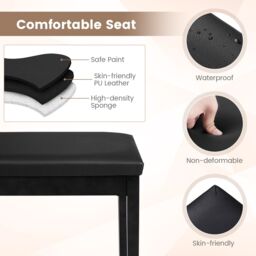 Costway 2-in-1 PU Leather Piano Bench Double Duet Seat W/Padded Cushion Music Storage in Black - thumbnail 3