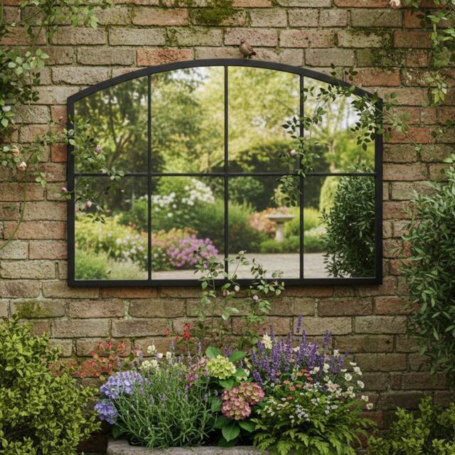 Melody Maison Black Arched Window Wall Mirror - 100cm X 70cm - Size: 100 cm X 70 cm - image 1