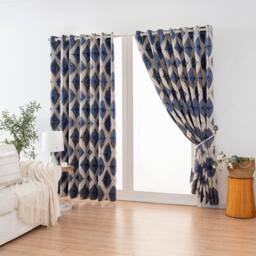 Luxury Living Luxury Diamond Jacquard Metallic Fully Lined Ring Top Curtains in Blue - Size: 168 cm width x 229 cm drop