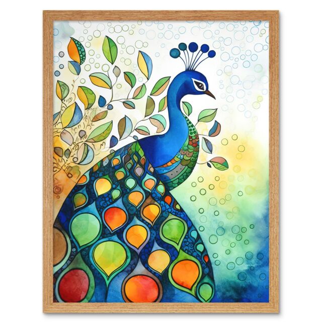 "Artery8 Wall Art Print Peacock Bird Folk Art Watercolour Painting Art Framed in Light Oak - Size: W12"" x H16""" - image 1