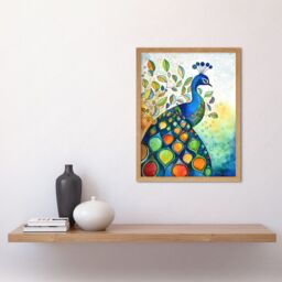 "Artery8 Wall Art Print Peacock Bird Folk Art Watercolour Painting Art Framed in Light Oak - Size: W12"" x H16""" - thumbnail 2