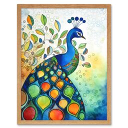"Artery8 Wall Art Print Peacock Bird Folk Art Watercolour Painting Art Framed in Light Oak - Size: W12"" x H16""" - thumbnail 1