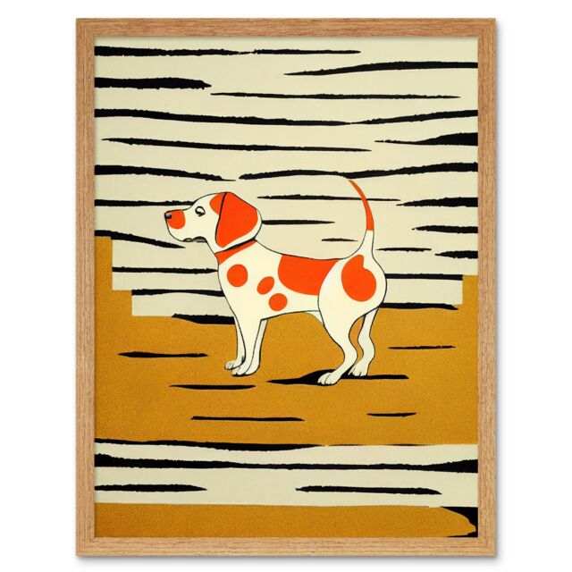 "Artery8 Wall Art Print Beagle Dog Springer Orange on Mustard Spaniel Art Framed in Light Oak - Size: W12"" x H16""" - image 1