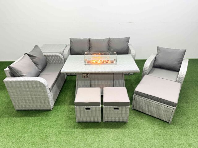 Fimous Patio PE Wicker 9 Seater Outdoor Rattan Furniture Sofa Sets w/ Firepit Dining Table Reclining Chair Loveseat Sofa 3 Seater Sofa Stool Side - image 1