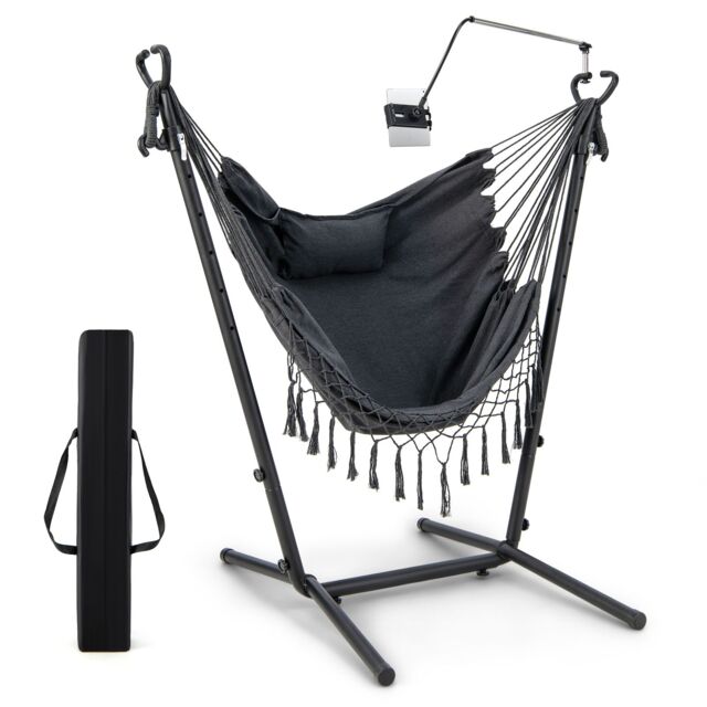 Costway Hammock Chair with Stand Height Adjustable Hanging Chair W/ Phone Holder & Pillow in Grey - image 1