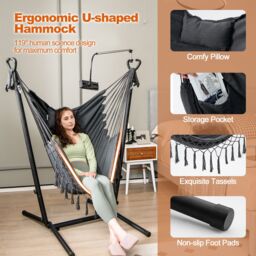 Costway Hammock Chair with Stand Height Adjustable Hanging Chair W/ Phone Holder & Pillow in Grey - thumbnail 4