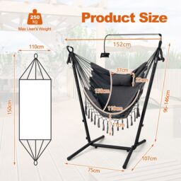 Costway Hammock Chair with Stand Height Adjustable Hanging Chair W/ Phone Holder & Pillow in Grey - thumbnail 2