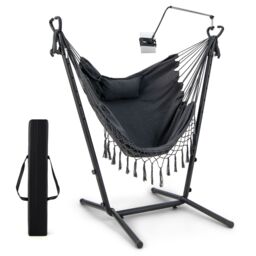 Costway Hammock Chair with Stand Height Adjustable Hanging Chair W/ Phone Holder & Pillow in Grey - thumbnail 1