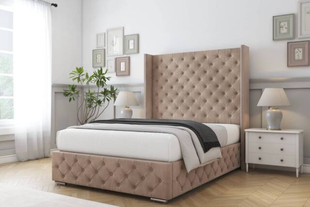 "Comfort Beds Emily Naples Bed Frame - 50"" Upholstered Wingback Headboard in Light Brown - Size: Single" - image 1