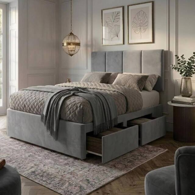 "Bed Time UK Plush Divan Bed with Mattress 20"" Vertical Headboard & 2 Drawers in Grey - Size: Single" - image 1