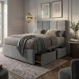"Bed Time UK Plush Divan Bed with Mattress 20"" Vertical Headboard & 2 Drawers in Grey - Size: Single" - thumbnail 1