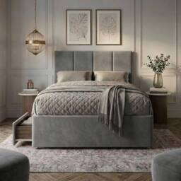 "Bed Time UK Plush Divan Bed with Mattress 20"" Vertical Headboard & 2 Drawers in Grey - Size: Single" - thumbnail 2