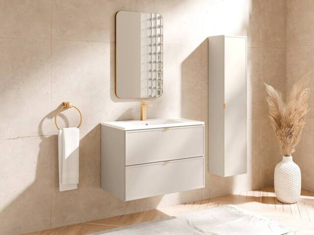 Vente-unique Suspended Bathroom Vanity Unit With Inset Basin & Tall Storage in Beige - image 1