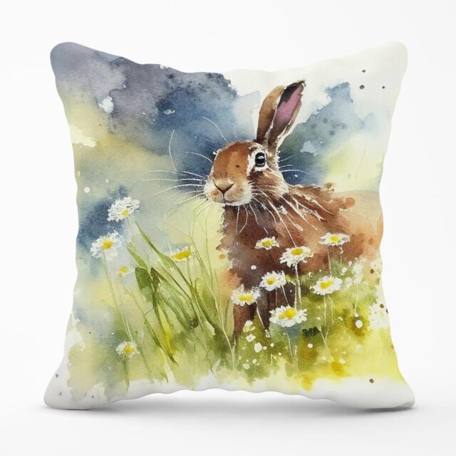 Warren Reed - Designer Hare & Daisies Watercolour Outdoor Cushion in Brown - Size: 60 cm x 60 cm - image 1