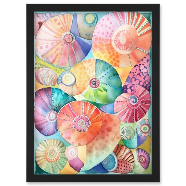 Artery8 Pastel Colour Seashells Folk Art Artwork Framed Wall Art Print A4 in Black - image 1