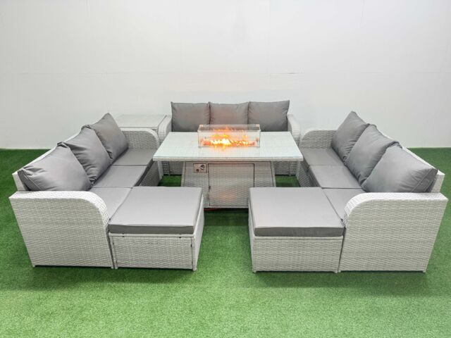 Fimous PE Rattan Lounge Sofa Set 11 Seater Outdoor Garden Furniture Set with Firepit Dining Table 3 Seater Sofa 2 Big Footstools Side Table Light Grey - image 1
