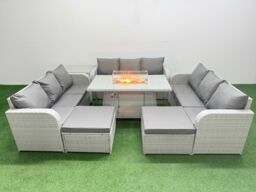 Fimous PE Rattan Lounge Sofa Set 11 Seater Outdoor Garden Furniture Set with Firepit Dining Table 3 Seater Sofa 2 Big Footstools Side Table Light Grey - thumbnail 2