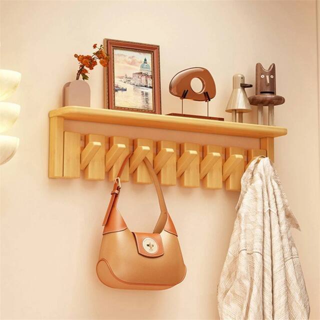 Nordara 8 Hooks Wooden Wall Mounted Coat Rack With Floating Shelf in Brown - image 1