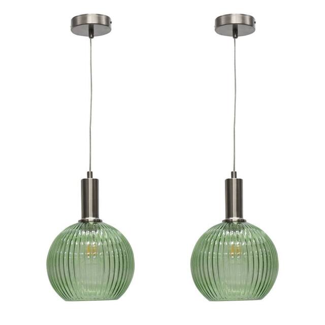 First Choice Lighting Set of 2 Betchley - Green Ribbed Globe Satin Nickel Deco Pendants - image 1