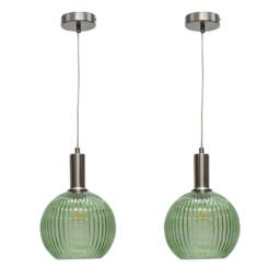 First Choice Lighting Set of 2 Betchley - Green Ribbed Globe Satin Nickel Deco Pendants