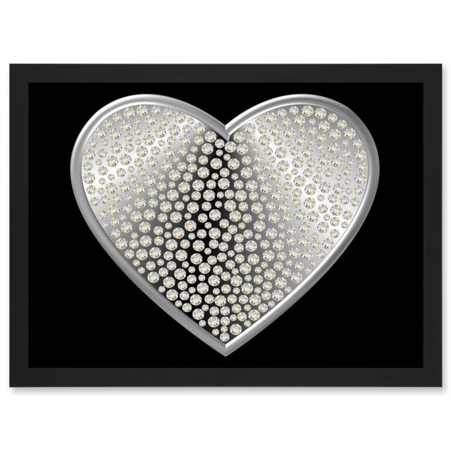 Artery8 Diamond Heart Silver Bling Art A4 Artwork Framed Wall Art Print in Black - image 1