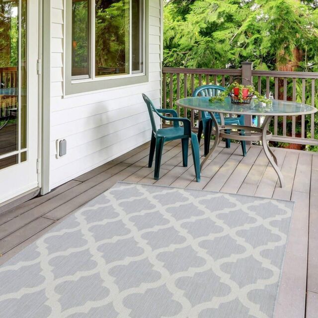 THE RUGS Outdoor Indoor Grey Ivory Geometric Trellis Rug Weather Resistant - Size: 120 cm x 170 cm - image 1