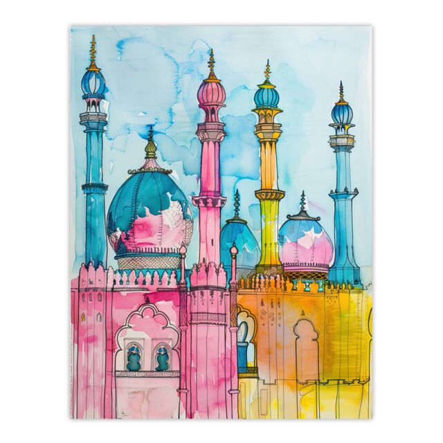 "Artery8 Brighton Royal Pavilion Colourful Watercolour Wall Art Print in Blue - Size: W12"" x H16""" - image 1