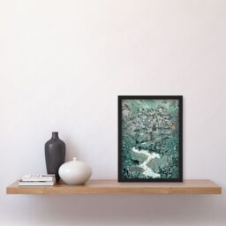 Artery8 Village Near River Forest Landscape Blue Linocut Artwork Framed Wall Art Print A4 in Black - thumbnail 2