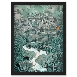 Artery8 Village Near River Forest Landscape Blue Linocut Artwork Framed Wall Art Print A4 in Black - thumbnail 1