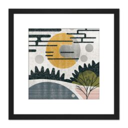 Artery8 Abstract Landscape Grunge Boho Sunrise Vintage Square Wooden Framed Wall Art Print Picture 8X8 Inch in Black - thumbnail 1
