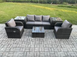 Fimous Garden Furniture Sets 5 Seater Wicker Rattan Furniture Patio Sofa Sets with Reclining Chair 3 Seater Sofa 2 Side Tables in Dark Grey - thumbnail 1
