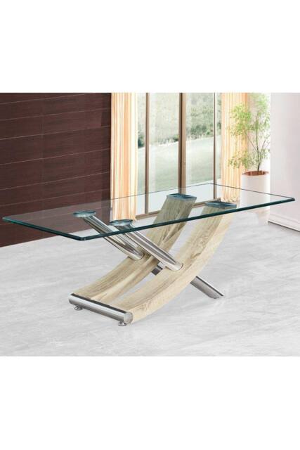 Modernique Nuovo Coffee Table, Tempered Clear Glass Top With Cross Leg in Light Brown