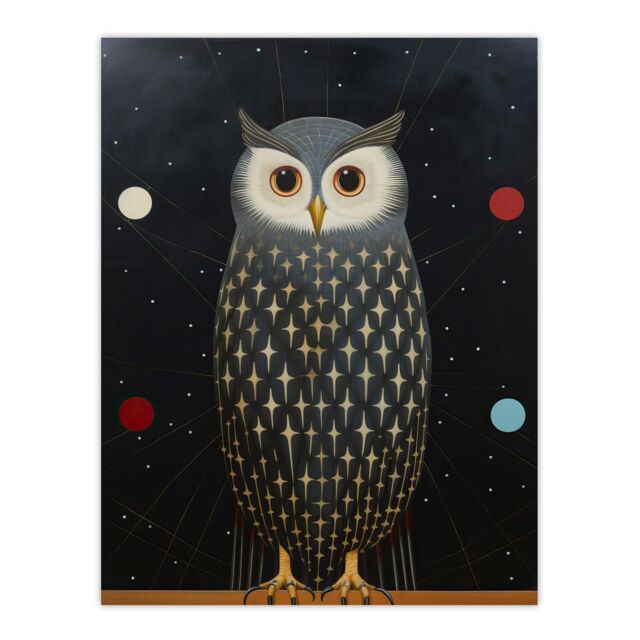 "Wee Blue Coo Wall Art Print The Night Watch Man Surreal Cosmic Owl Portrait & Starry Sky Grey Blue Orange Oil Painting Poster - Size: W18"" x H24""" - image 1
