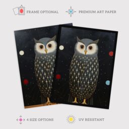"Wee Blue Coo Wall Art Print The Night Watch Man Surreal Cosmic Owl Portrait & Starry Sky Grey Blue Orange Oil Painting Poster - Size: W18"" x H24""" - thumbnail 2