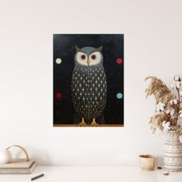 "Wee Blue Coo Wall Art Print The Night Watch Man Surreal Cosmic Owl Portrait & Starry Sky Grey Blue Orange Oil Painting Poster - Size: W18"" x H24""" - thumbnail 4
