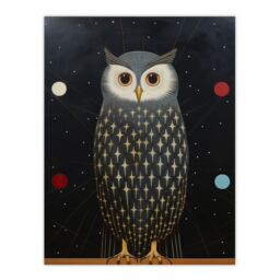 "Wee Blue Coo Wall Art Print The Night Watch Man Surreal Cosmic Owl Portrait & Starry Sky Grey Blue Orange Oil Painting Poster - Size: W18"" x H24""" - thumbnail 1